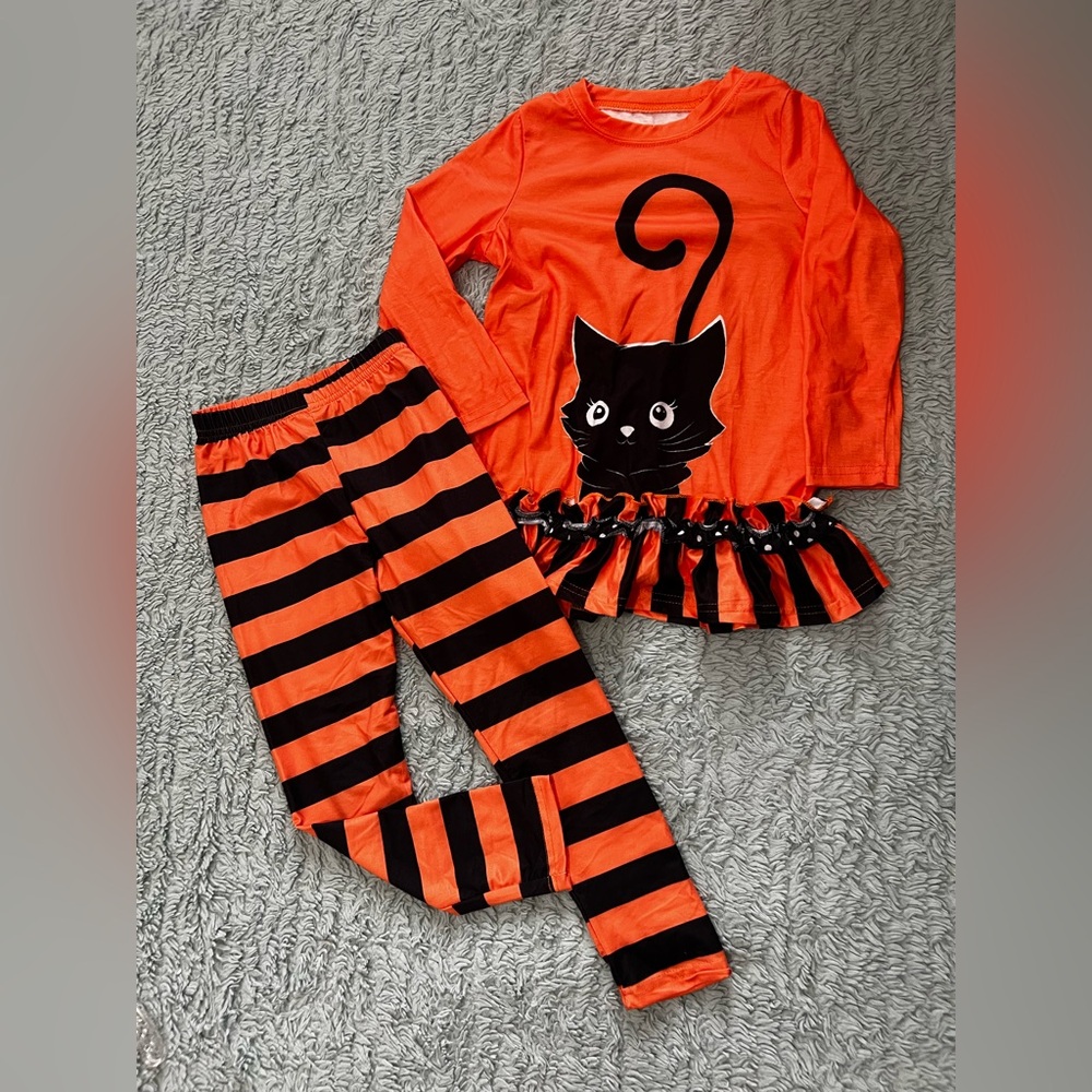 SHEIN Striped Halloween Cat Top & Leggings Set Size 5Y